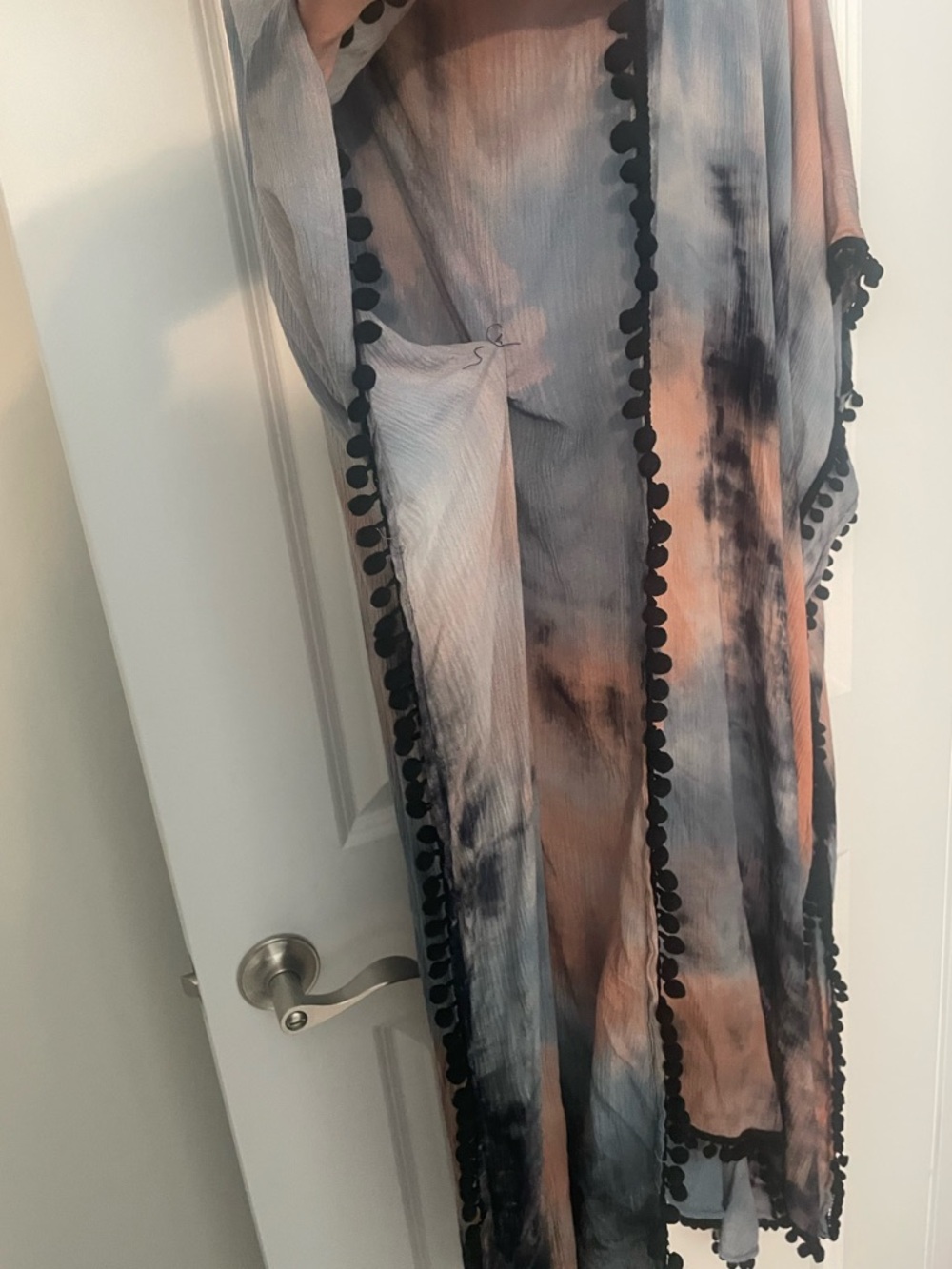 Natural Life Black, Blue, and Peach Tie Dye Long Duster with Black Pom Detail OS - Picture 4 of 4